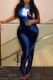 Blue Sexy Print Basic O Neck Skinny Jumpsuits