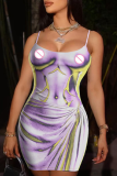 Blue Sexy Street Party Print Backless Spaghetti Strap One Step Skirt Dresses