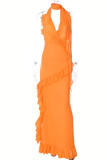 Tangerine Red Sexy Solid Patchwork Backless Stringy Selvedge Halter Long Dress Dresses