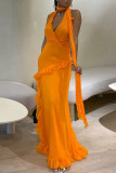 Tangerine Red Sexy Solid Patchwork Backless Stringy Selvedge Halter Long Dress Dresses