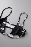 Black Sexy Print Hollowed Out Frenulum Backless Spaghetti Strap Sleeveless Two Pieces
