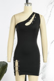 Black Sexy Solid Hollowed Out Oblique Collar Sleeveless Dress Dresses
