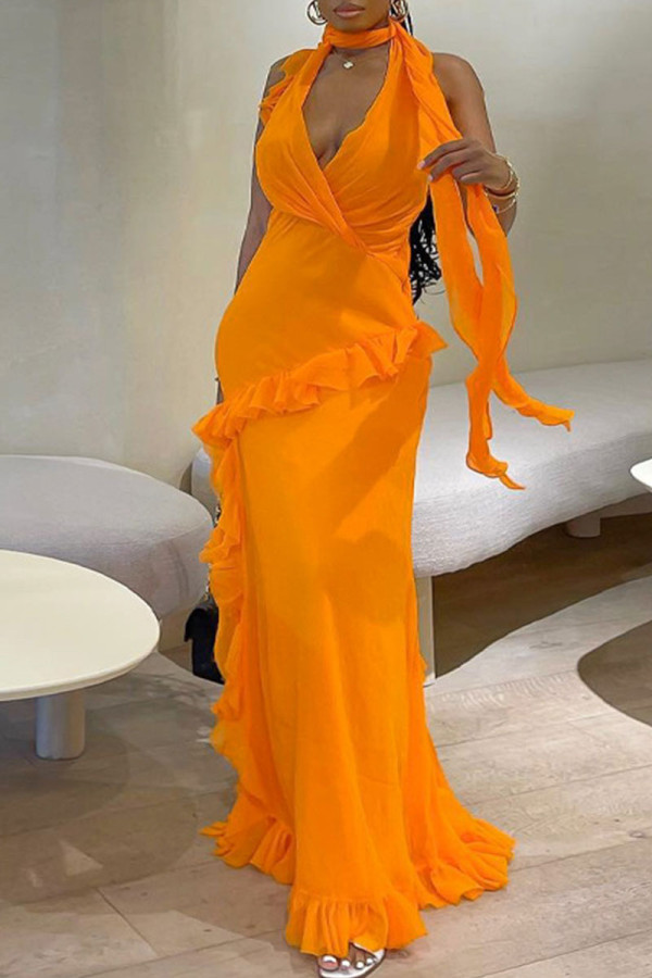 Tangerine Red Sexy Solid Patchwork Backless Stringy Selvedge Halter Long Dress Dresses