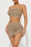 Khaki Sexy Solid Backless Strapless Sleeveless Two Pieces