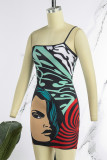 Black Sexy Print Backless Spaghetti Strap Wrapped Skirt Dresses