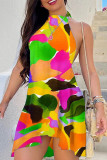 Multicolor Casual Street Simplicity Print Frenulum Backless Halter Irregular Dress Dresses