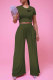 Army Green Casual Print Letter O Neck Short Sleeve Two Pieces