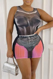 Black Gray Sexy Street Print Patchwork O Neck Sleeveless Two Pieces