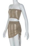 Khaki Sexy Solid Backless Strapless Sleeveless Two Pieces
