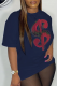 Navy Blue Street Daily Print Patchwork Letter O Neck T-Shirts