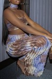 Purple Sexy Print Backless Strapless Sleeveless Two Pieces
