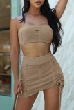 Khaki Sexy Solid Backless Strapless Sleeveless Two Pieces