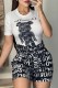 Black Casual Print Letter O Neck Short Sleeve Two Pieces