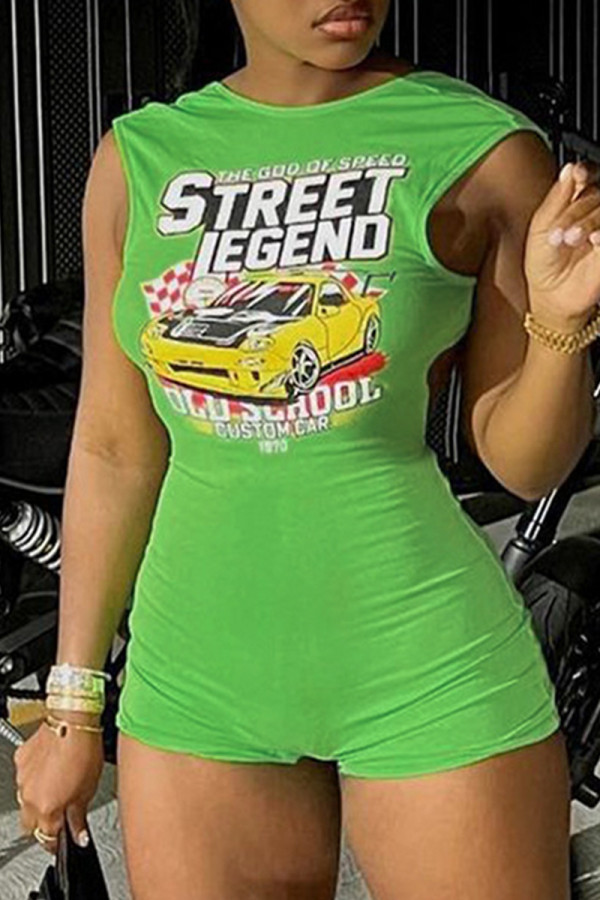 Green Casual Print Backless O Neck Skinny Romper