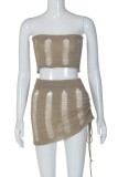 Khaki Sexy Solid Backless Strapless Sleeveless Two Pieces