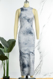 Grey Casual Print Backless Half A Turtleneck Long Dress Dresses