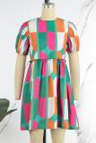 Multicolor Casual Print Patchwork O Neck Short Sleeve Dress