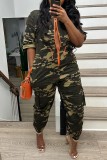 Camouflage Casual Camouflage Print Patchwork Zipper Collar Regular Jumpsuits