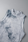 Grey Casual Print Backless Half A Turtleneck Long Dress Dresses