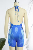 Blue Sexy Print Backless Halter Skinny Romper