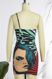 Black Sexy Print Backless Spaghetti Strap Wrapped Skirt Dresses