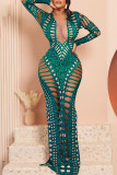Lake Blue Sexy Solid Hollowed Out Patchwork Hot Drill O Neck One Step Skirt Dresses