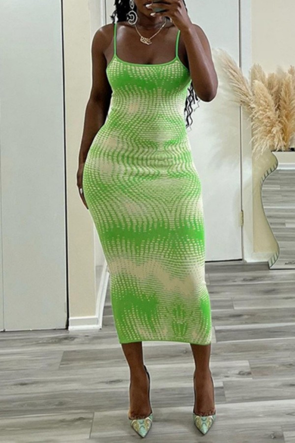 Apricot Sexy Casual Print Backless Spaghetti Strap Long Dress Dresses