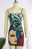 Black Sexy Print Backless Spaghetti Strap Wrapped Skirt Dresses