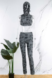 Grey Casual Solid Ripped Hooded Collar Sleeveless Two Pieces