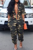 Camouflage Casual Camouflage Print Patchwork Zipper Collar Regular Jumpsuits