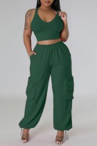 Ink Green Sexy Casual Solid Backless Spaghetti Strap Sleeveless Two Pieces