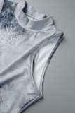 Grey Casual Print Backless Half A Turtleneck Long Dress Dresses