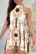 White Gold Casual Street Simplicity Print Frenulum Backless Halter Irregular Dress Dresses