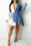 The cowboy blue Sexy Work Elegant Patchwork Buttons V Neck Irregular Dress Dresses