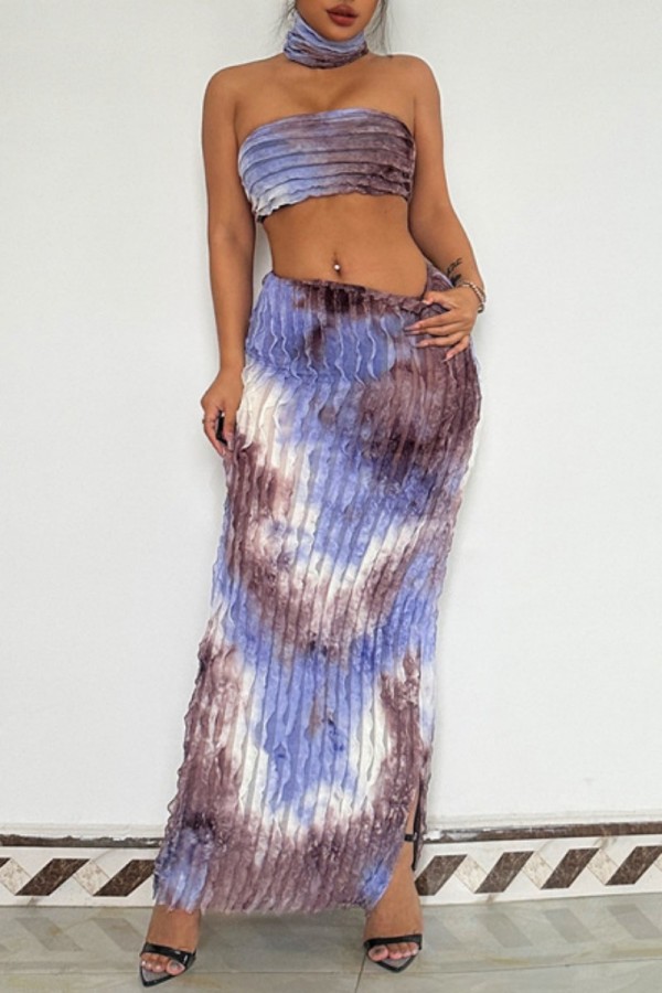 Purple Sexy Print Backless Strapless Sleeveless Two Pieces