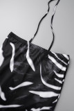 Black Sexy Print Hollowed Out Frenulum Backless Spaghetti Strap Sleeveless Two Pieces