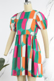 Multi-color Casual Print Patchwork O Neck Short Sleeve Dress