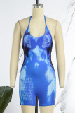 Blue Sexy Print Backless Halter Skinny Romper