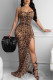 Leopard Print Sexy Street Celebrities Animal Print Frenulum Backless Slit Spaghetti Strap Irregular Dress Dresses