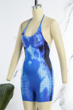 Blue Sexy Print Backless Halter Skinny Romper