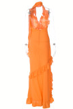 Tangerine Red Sexy Solid Patchwork Backless Stringy Selvedge Halter Long Dress Dresses