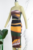 Brown Sexy Print Backless Strapless Sleeveless Two Pieces