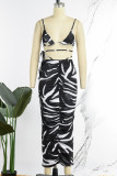 Black Sexy Print Hollowed Out Frenulum Backless Spaghetti Strap Sleeveless Two Pieces