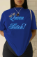 Navy Blue Casual Daily Print Patchwork Letter O Neck T-Shirts