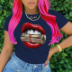 Navy Blue Street Daily Lips Printed Patchwork O Neck T-Shirts