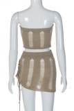 Khaki Sexy Solid Backless Strapless Sleeveless Two Pieces