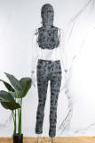 Grey Casual Solid Ripped Hooded Collar Sleeveless Two Pieces