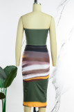 Brown Sexy Print Backless Strapless Sleeveless Two Pieces