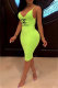 Fluorescent Yellow Fashion Sexy Print Backless V Neck One Step Skirt Dresses