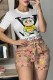 Pink Casual Character Print Letter O Neck Short Sleeve Two Pieces
